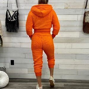 Bright Orange Sherpa Teddy Zip Hoodie + Jogger Set